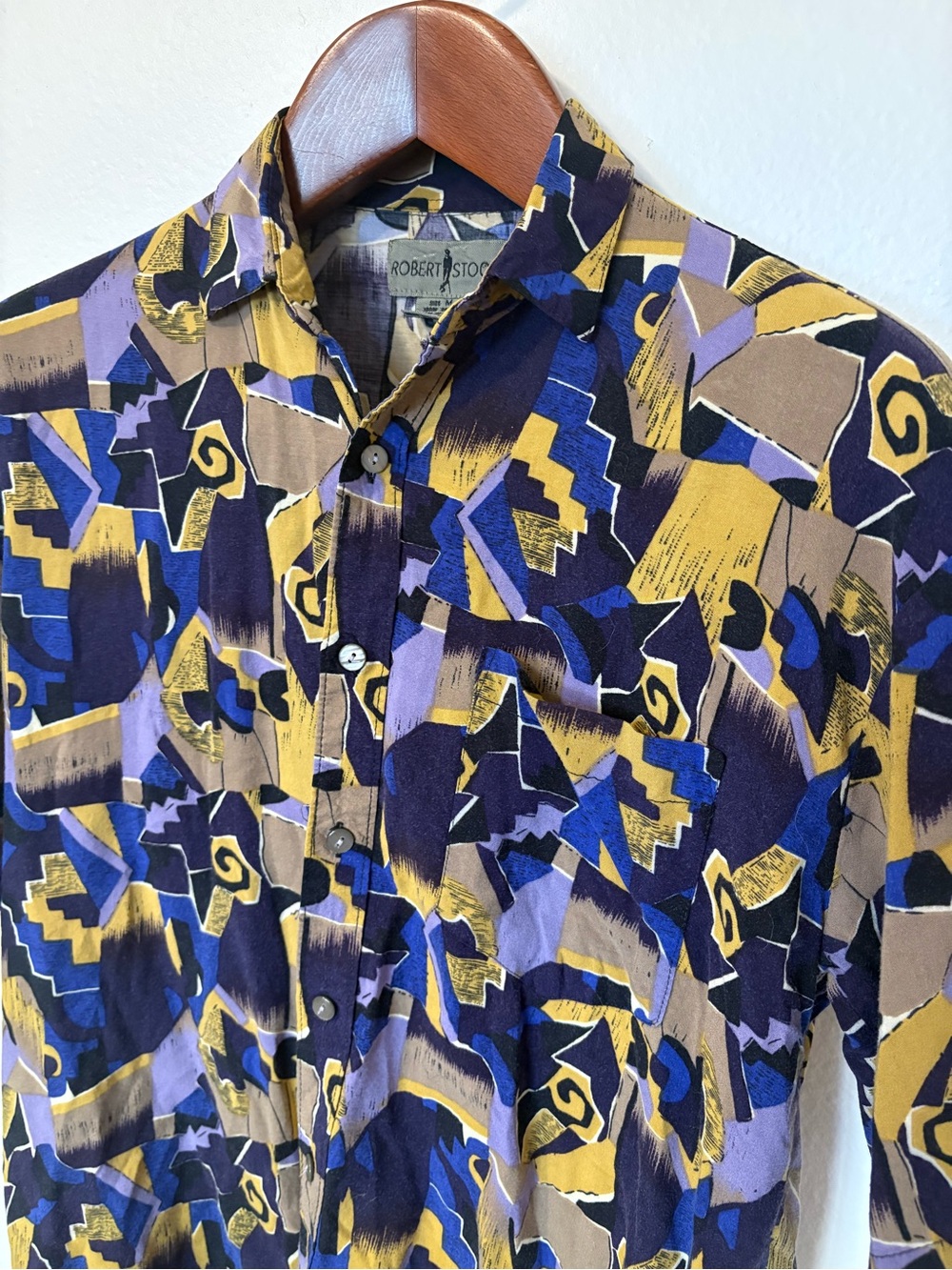 Vintage Robert Stock button down pattern shirt - gold/blue/black - retro casual